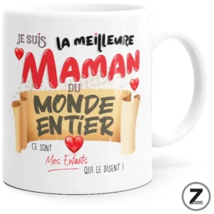 Mug featuring French slogan: 'Je suis la meilleure maman du monde entier' with red hearts and decorative text.
