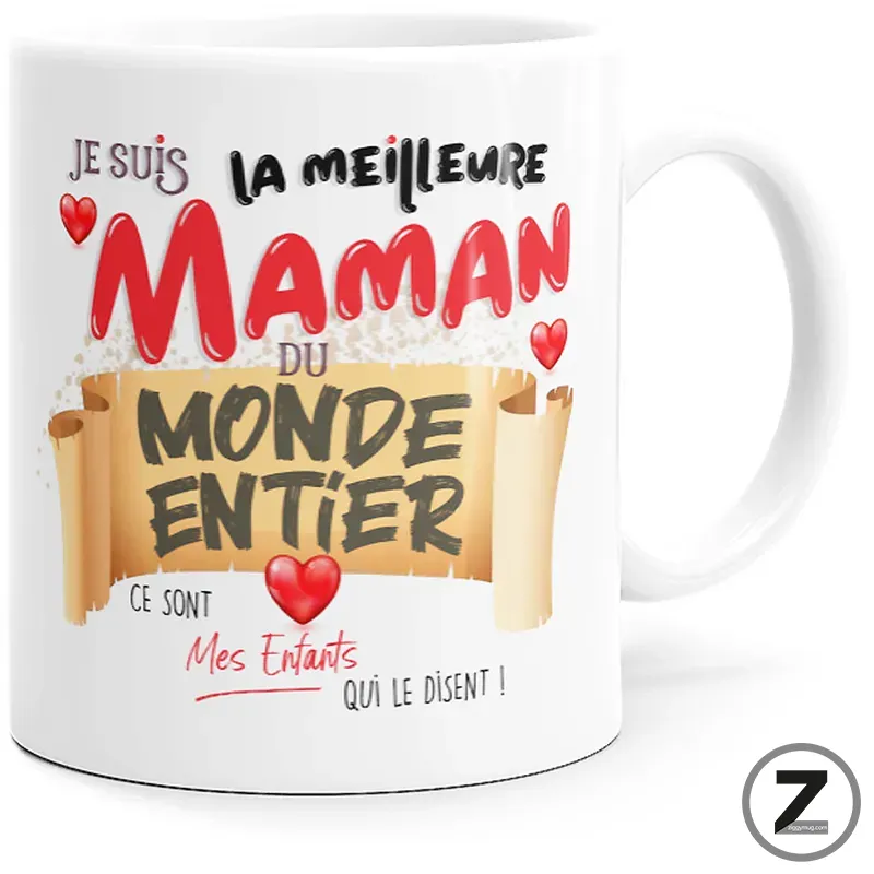 Mug featuring French slogan: 'Je suis la meilleure maman du monde entier' with red hearts and decorative text.