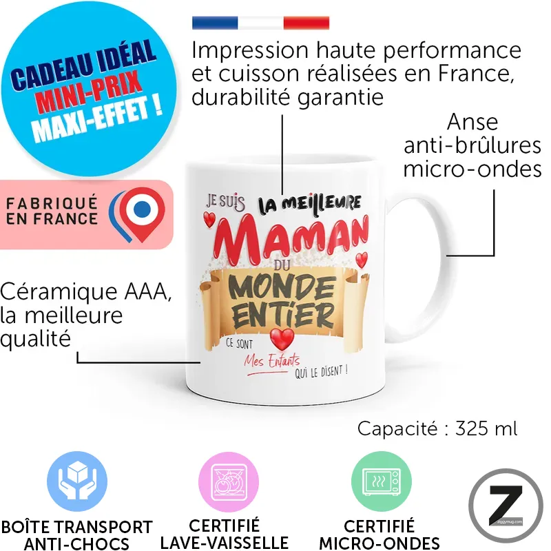 Informational image for a 325 ml ceramic mug: labels include ‘Cadeau idéal’, ‘Fabriqué en France’, and mug text ‘La meilleure Maman du monde entier’.