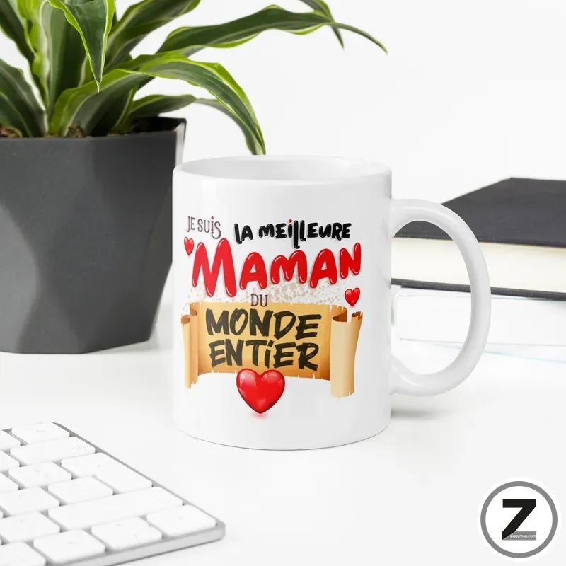 White mug on a white desk features a French message for mom: 'Je suis la meilleure maman du monde entier' with a red heart, beside a plant and keyboard.
