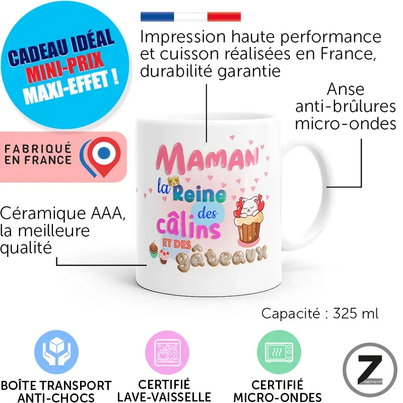 Mug blanc illustré avec le texte 'Maman la Reine des gâteaux', capacité 325 ml, décor pastel et cupcake, fabriqué en France, céramique AAA, micro-ondes et anti-brûlures