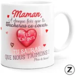 White mug with a pink heart and French love message for mom: 'Maman... Tes Enfants...' written in red and pink tones, gift-style design.