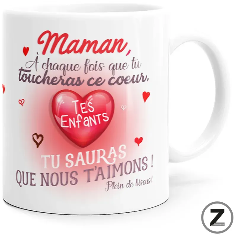 White mug with a pink heart and French love message for mom: 'Maman... Tes Enfants...' written in red and pink tones, gift-style design.