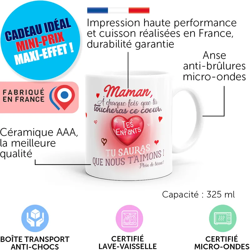 Mug infographic: heart design, French text, 325 ml capacity, made in France, microwave and dishwasher safe, AAA ceramic quality, anti-scratch glaze