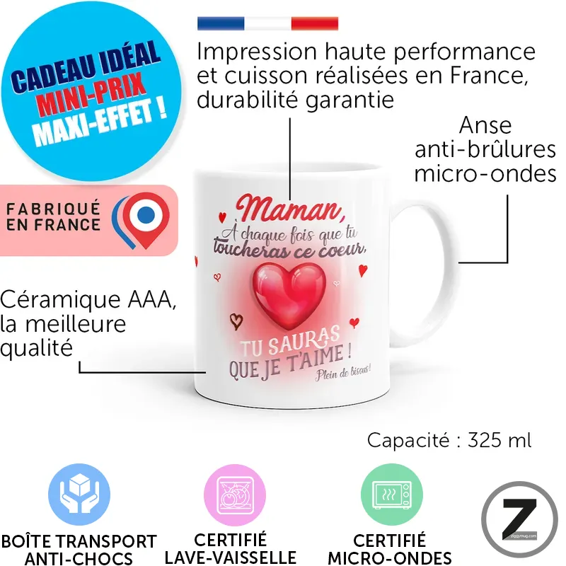 White ceramic mug with a pink heart and French love message; capacity 325 ml and anti-burn handle visible on the side.
