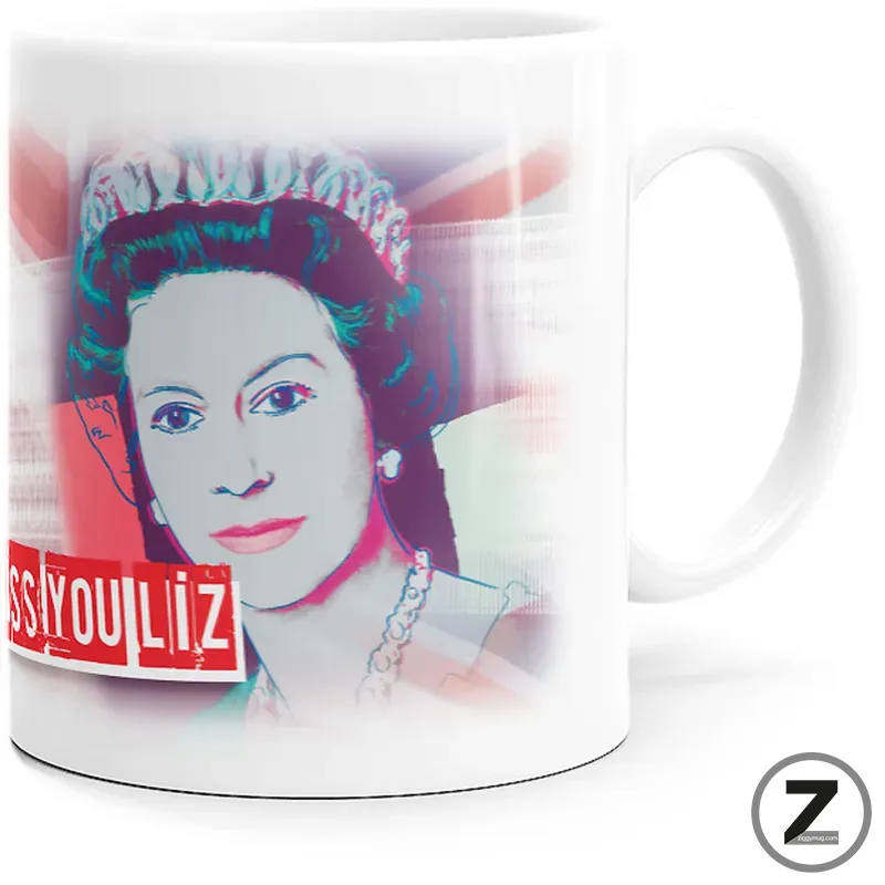 White ceramic mug featuring a pop-art style portrait of a woman with a bold red text banner in the lower-left corner.