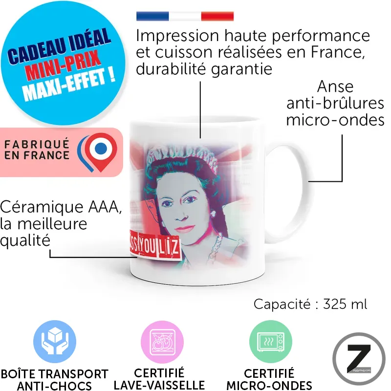 Mug blanc avec portrait et slogans publicitaires, badges couleur (Fabriqué en France, cadeau idéal), capacité 325 ml, anse anti-brûlures, micro-ondes.