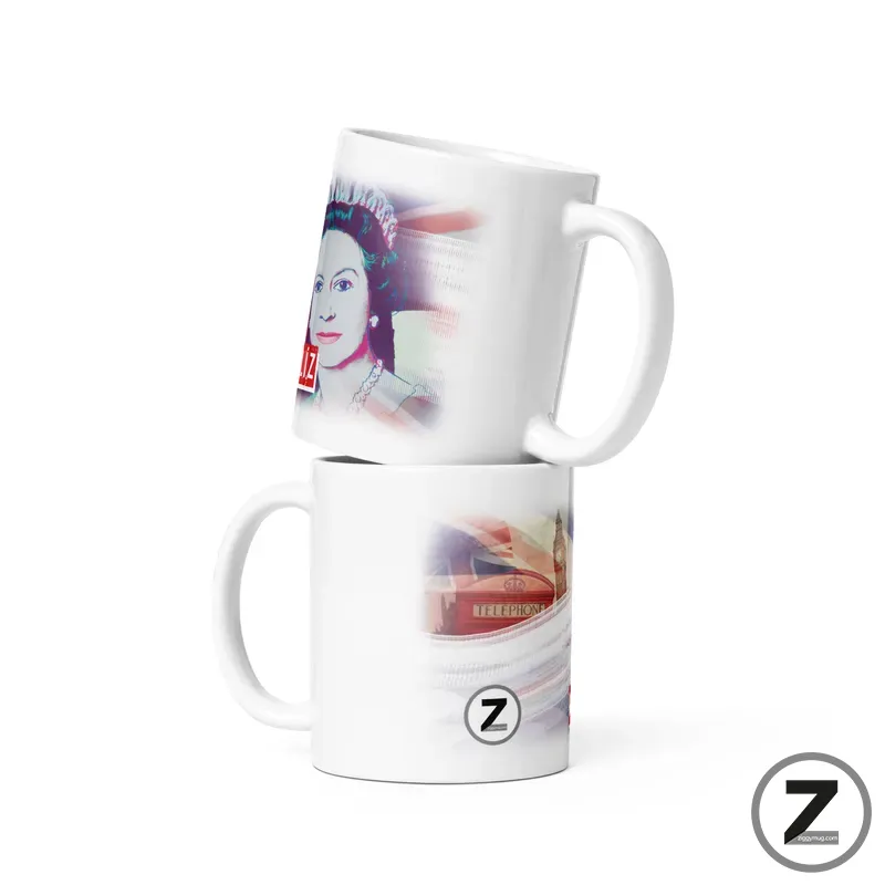 Pair of white ceramic mugs stacked together with blurred vintage poster graphics and a circular Z logo in the corner.