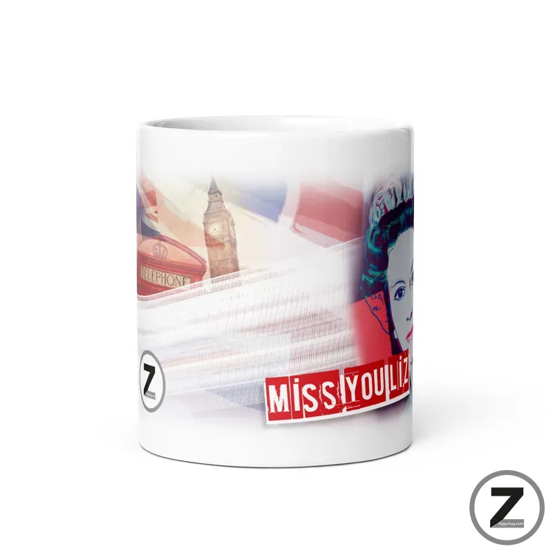Decorative white mug with a London-themed collage, showing Big Ben, a red telephone box, and a bold 'Miss You Liz' label.