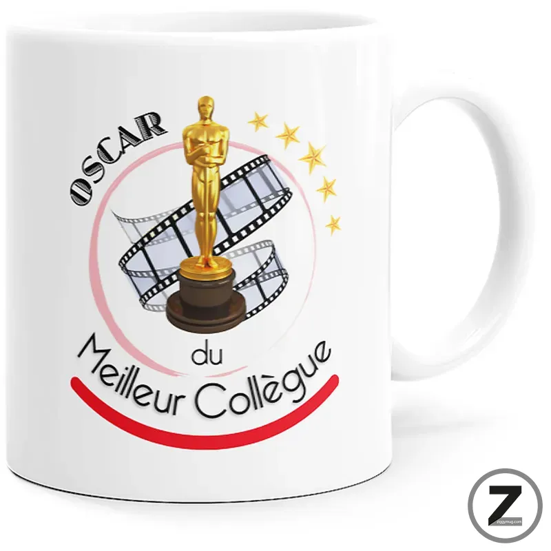 Mug Oscar du meilleur collègue : le motif et le message sont présentés de face. Mug Oscar du meilleur collègue blanc avec message « Oscar du meilleur collègue. »
