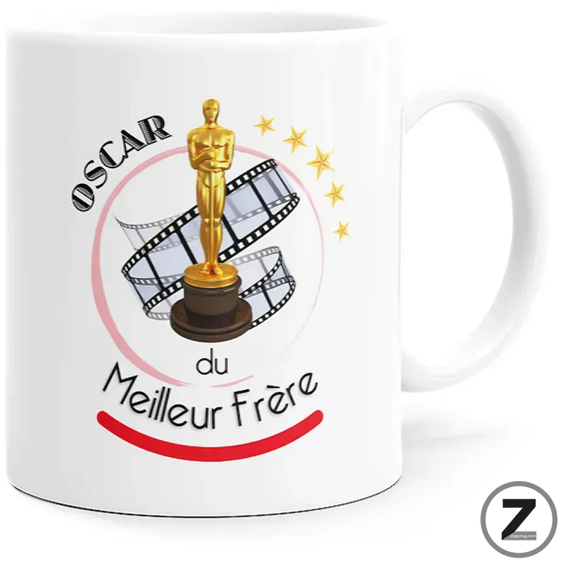 White ceramic mug featuring an Oscar statue perched on film reels with stars and the French text 'Oscar du Meilleur Frère' and a red curved underline.