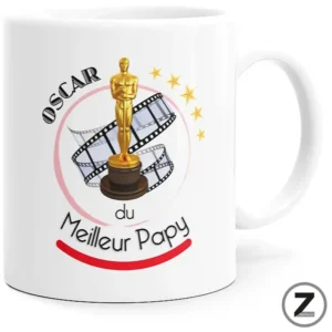 Mug with a gold Oscar statue, film reels, and the French text 'Oscars du Meilleur Papa' showing a Best Dad gift motif.