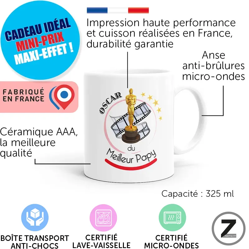 Infographic of a white 325 ml mug: French-made ceramic, anti-burn handle, Oscar trophy design, with 'Made in France' badge and certification icons.