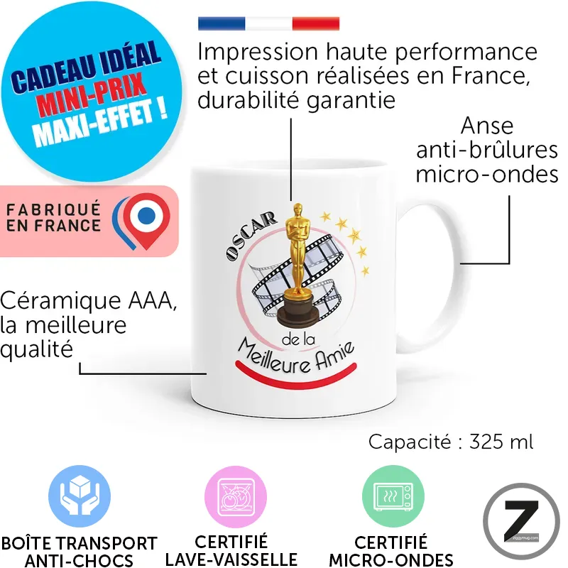 White ceramic mug with an Oscar de la Meilleure Amie logo, 325 ml capacity; Made in France, dishwasher- and microwave-safe, anti-burn handle, plus gift badges and labels in the graphic.