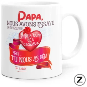 White mug printed with a French Valentine message for dad, featuring a red heart and ribbon design.