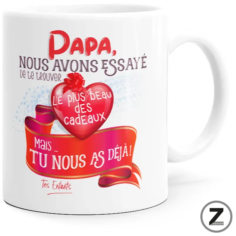 White mug printed with a French Valentine message for dad, featuring a red heart and ribbon design.