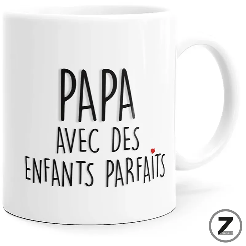 White ceramic mug with the French phrase 'Papa avec des enfants parfaits' and a small red heart.