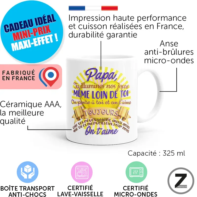 Infographic showing a ceramic mug with France-made label, 325 ml capacity, microwave-safe and anti-burn handle, plus gift badge and certification icons.