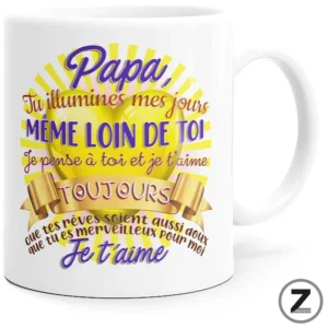 White mug with a bright yellow sunburst and purple/pink French message expressing love to dad.