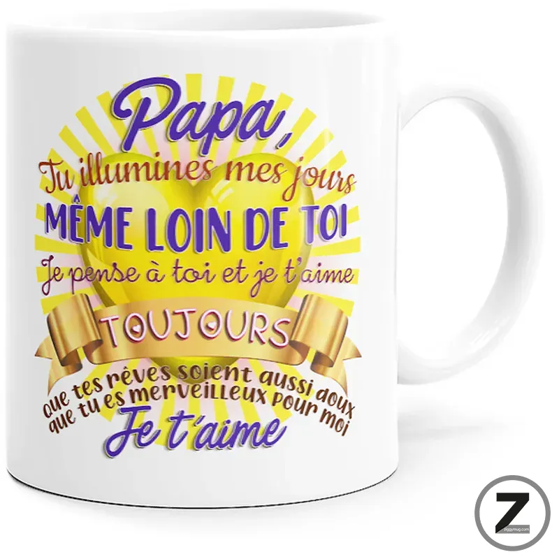 White mug with a bright yellow sunburst and purple/pink French message expressing love to dad.
