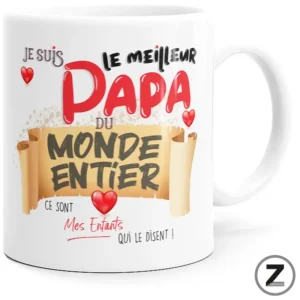Mug with a colorful French message declaring 'I am the best dad in the world' surrounded by hearts and banners. It reads: 'Je suis le meilleur papa du monde entier' and 'Mes enfants qui le disent !'