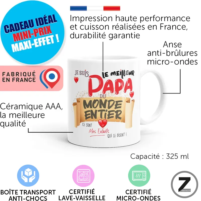 Mug blanc avec l’inscription « Le meilleur Papa du monde entier », esprit cadeau et capacité 325 ml, avec étiquettes qualité.