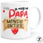 White ceramic mug displaying French text: 'Je suis le meilleur Papa du monde entier' with red hearts.