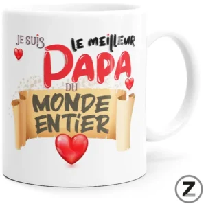 White ceramic mug displaying French text: 'Je suis le meilleur Papa du monde entier' with red hearts.
