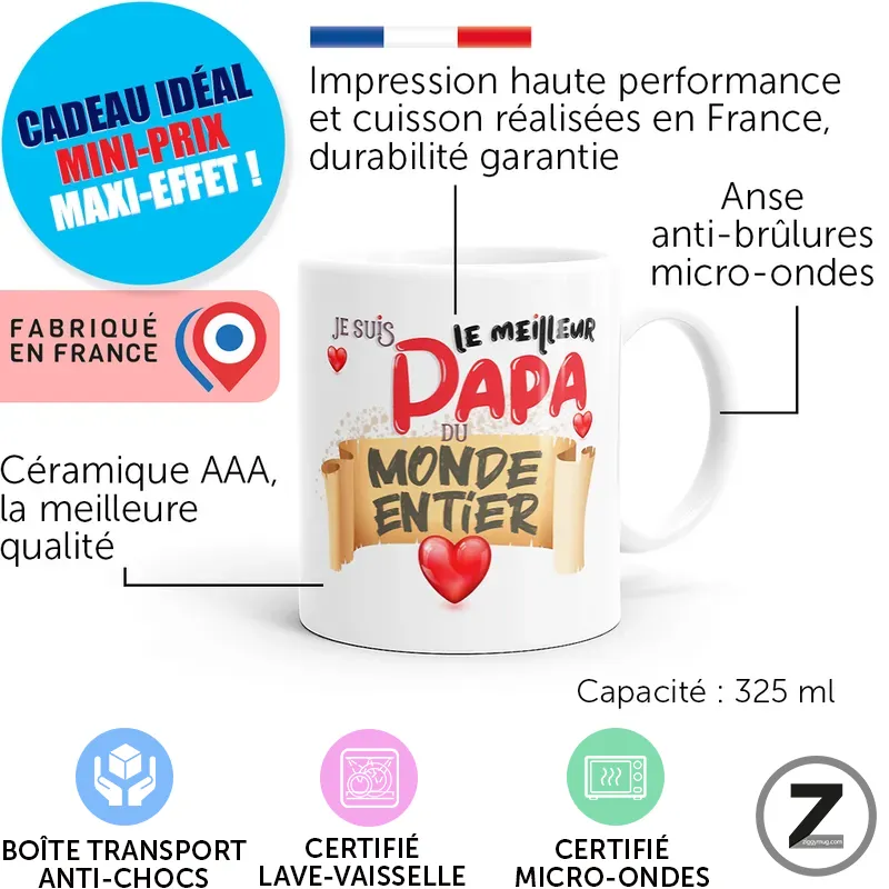 Mug blanc décoré «Le meilleur Papa du monde entier» avec coeurs; capacité 325 ml, anse anti-brûlures, micro-ondes, fabriqué en France et emballé en boîte transport.