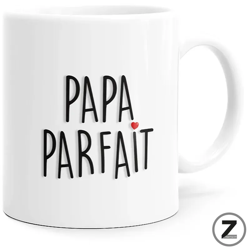 White ceramic mug with the words 'Papa Parfait' in black letters and a small red heart above the text.