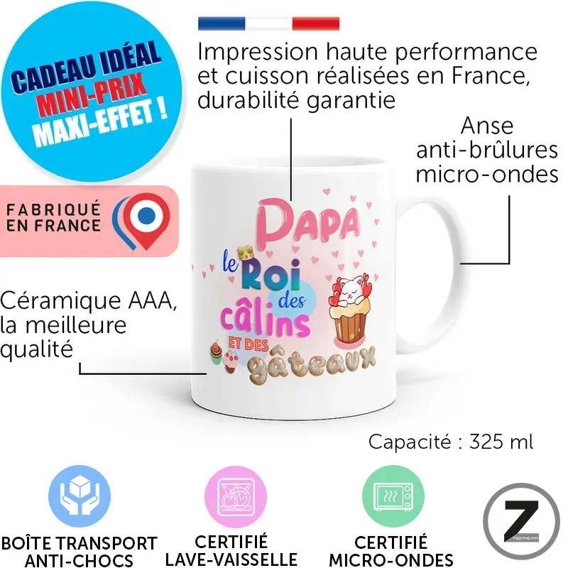 White mug with a cute pink-and-blue design, labeled with features like durable ceramic, microwave-safe, 325 ml capacity, and ‘Made in France’ badges.