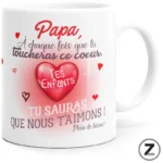 Mug Papa touche-cœur blanc avec message « Papa, à chaque fois que tu toucheras ce cœur, tu sauras que nous t'aimons. »