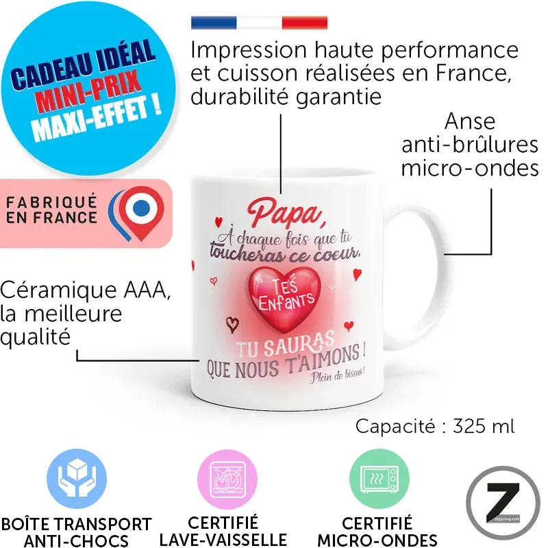 Mug Papa touche-cœur avec caractéristiques du mug 325 ml