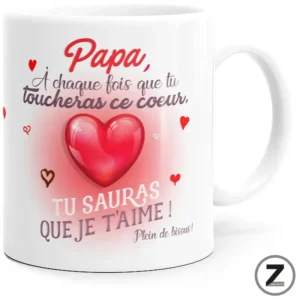 White mug with a large pink heart and a French message for Dad: 'Papa, A chaque fois que tu toucheras ce coeur, tu sauras que je t’aime!'