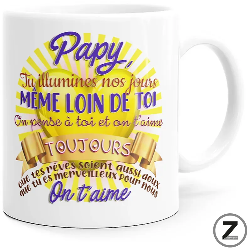 White mug featuring a colorful French message for 'Papy' with sunburst backdrop and gold ribbon reading 'On t'aime'. (gift mug)