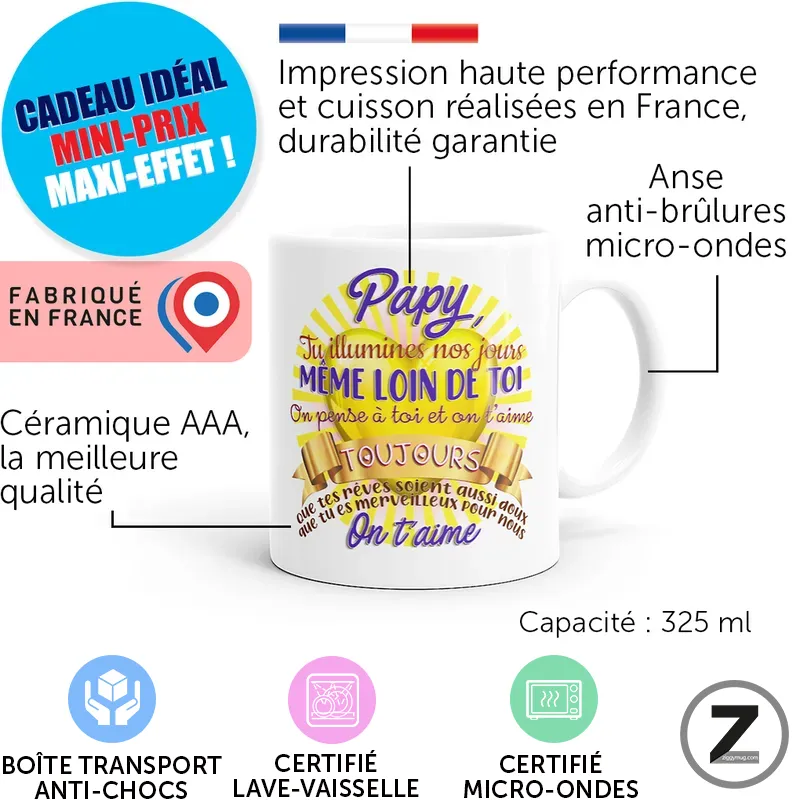 Mug with a colorful printed message, highlighting high‑quality ceramic, 325 ml capacity, and 'Fabriqué en France' labels with certification icons beside.