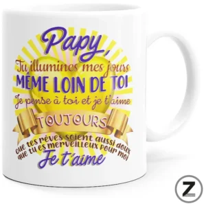 Ceramic mug with a bright sunburst design and a loving French message for grandpa ('Papy... Je t'aime').
