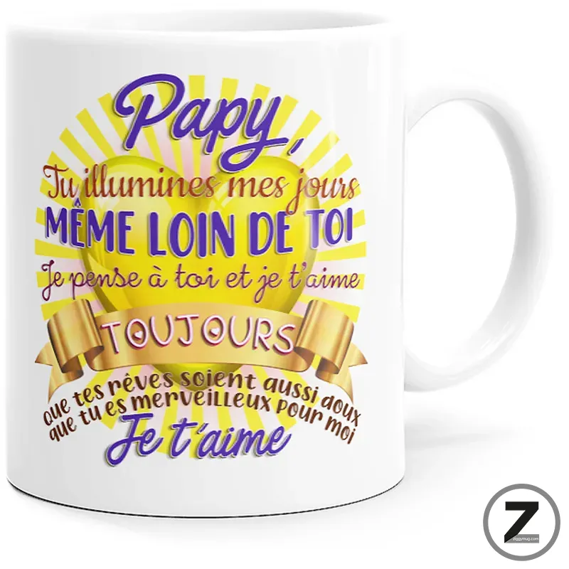 Ceramic mug with a bright sunburst design and a loving French message for grandpa ('Papy... Je t'aime').