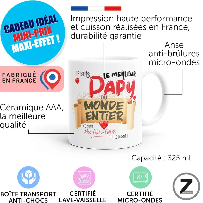 Infographic of a white mug with French text 'Le meilleur Papy du monde entier' and several labeled features, including 325 ml capacity and 'Fabriqué en France' badge.