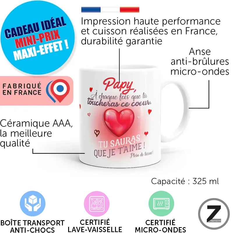 Mug blanc avec un grand cœur rose et texte décoratif; indications: 325 ml, fabriqué en France, impression haute performance, anse anti-brûlures, certifié lave-vaisselle.