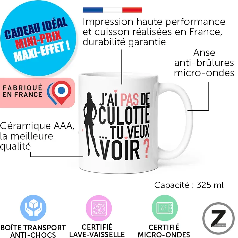 Mug blanc avec le slogan noir et rouge et une silhouette féminine, capacité 325 ml, fabriqué en France, céramique AAA.