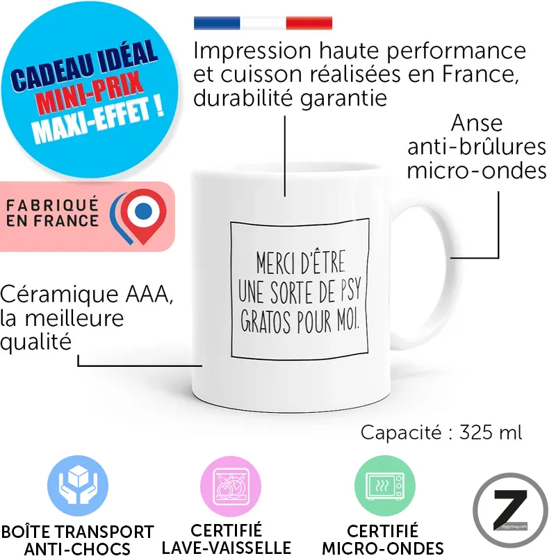 Mug psy gratos avec caractéristiques du mug 325 ml