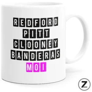 White mug featuring stacked black square-letter tiles spelling 'REDFORD', 'PITT', 'CLOONEY', 'BANDERAS' with a row of pink tiles spelling 'MOL' at the bottom.