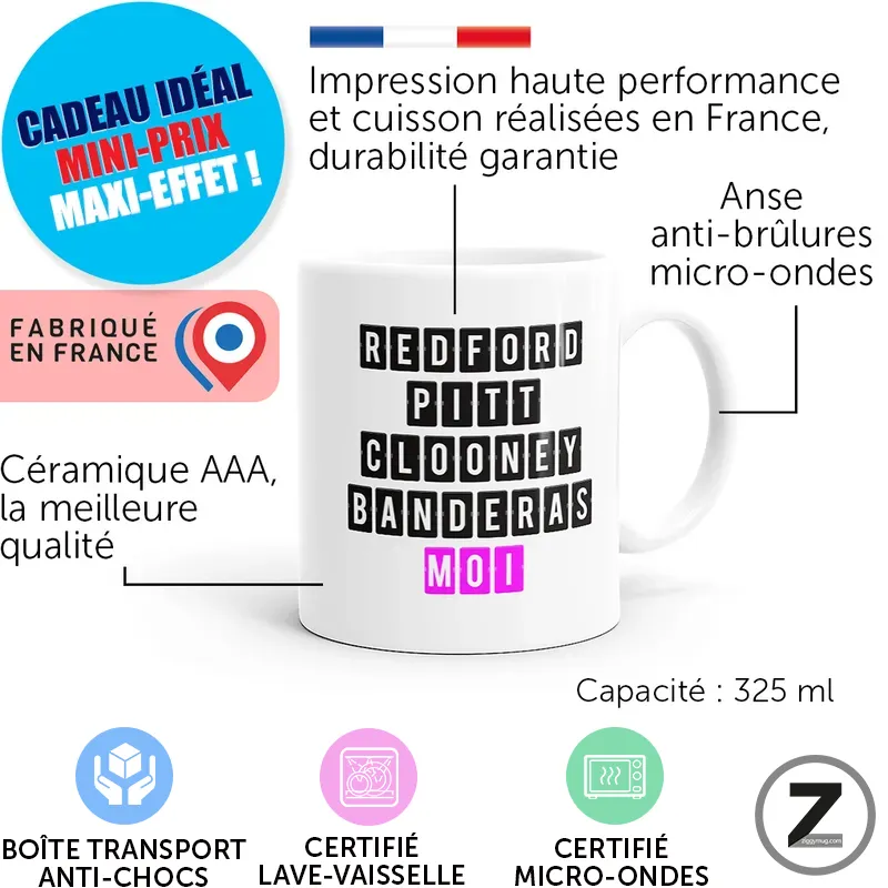 White mug infographic: black square-letter name layout (REDFORD PICO CLOONEY BANDERAS MOI) with labels for Made in France, AAA ceramic quality, 325 ml capacity, microwave- and dishwasher-safe, anti-burn handle, transport box icons.