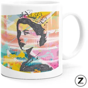 Abstract colorful portrait on a white mug, showing a black silhouette in profile amid bright paint splashes.