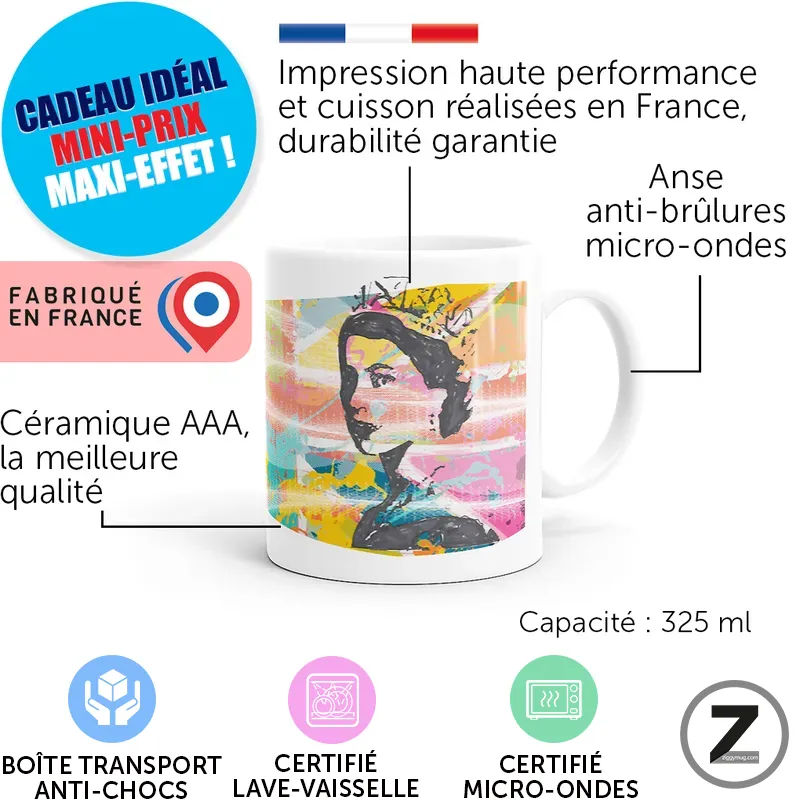 Infographie montrant un mug blanc au design coloré: capacité 325 ml, fabrication en France, céramique AAA, impression haute performance, anse anti-brûlures.