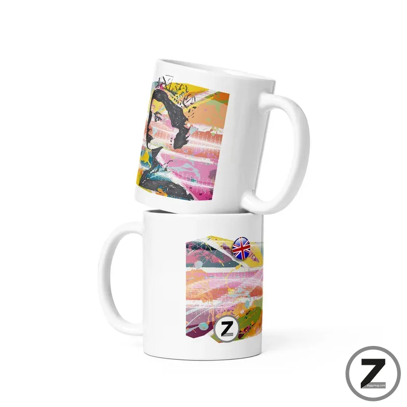 Two white ceramic mugs stacked, each featuring a colorful abstract print with a circular Z logo near the bottom and a Union Jack badge on the lower mug's design.