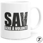 White mug with a bold black graphic reading 'SAY SEXE A VOLONTÉ' and a simple stylized couple icon integrated into the text.