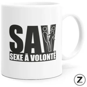White mug with a bold black graphic reading 'SAY SEXE A VOLONTÉ' and a simple stylized couple icon integrated into the text.