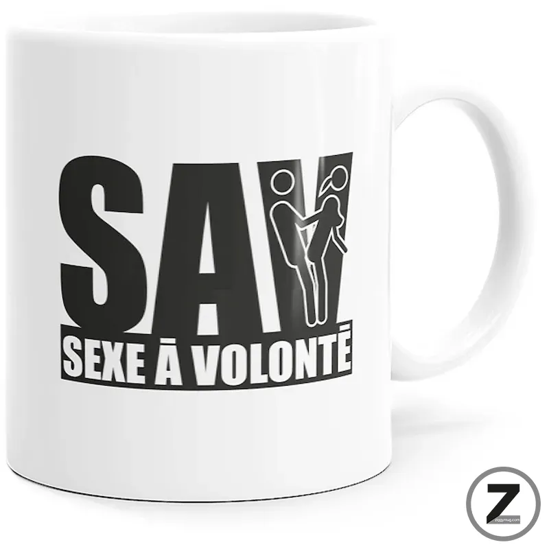 White mug with a bold black graphic reading 'SAY SEXE A VOLONTÉ' and a simple stylized couple icon integrated into the text.
